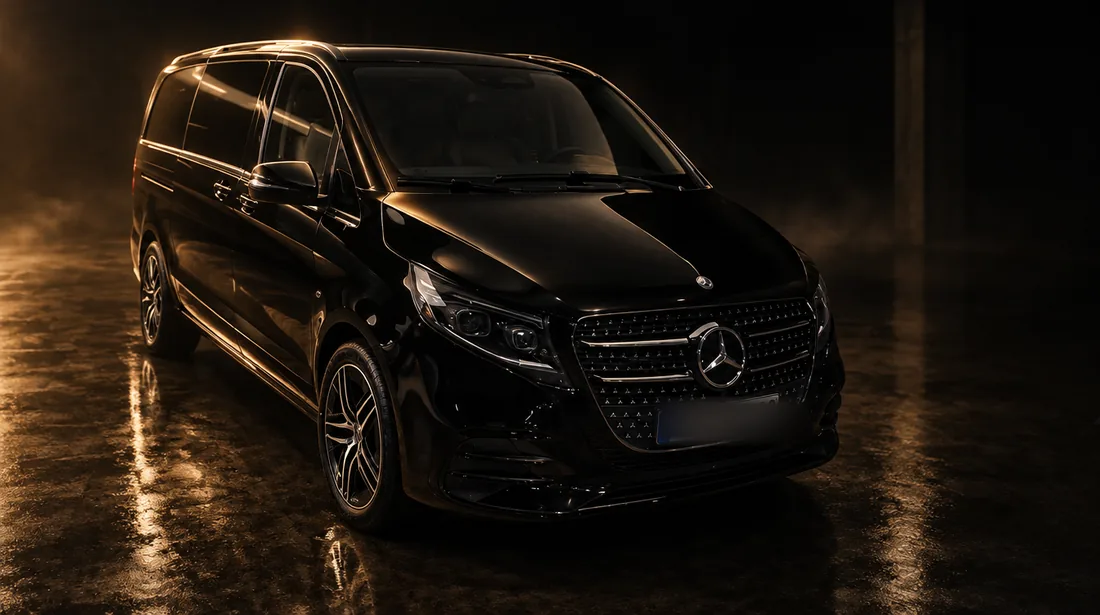 Die schwarze Mercedes V-Klasse von Taxi Lüdenscheid 4450, von schräg vorne links bei Nacht, die Scheinwerfer gehen an
