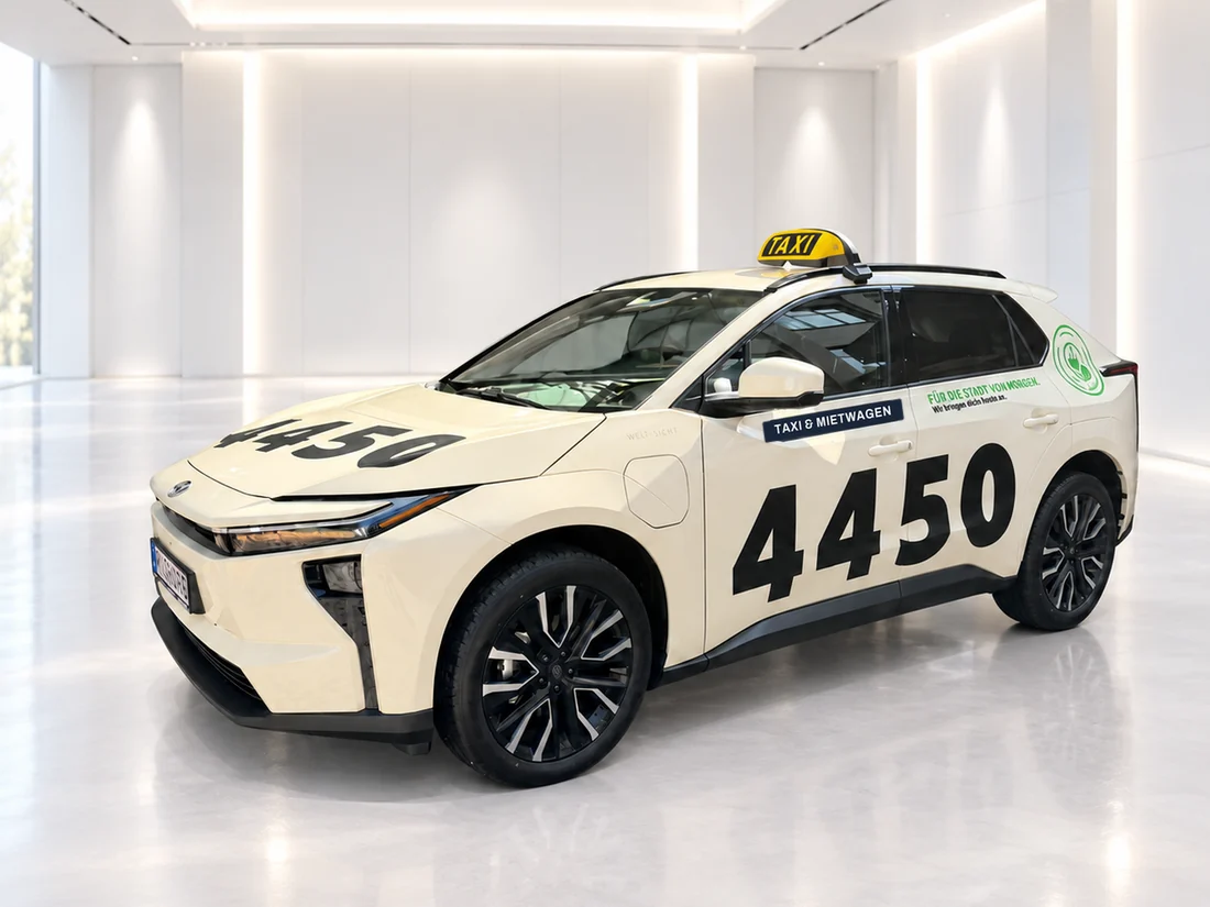 Vollelektrisches Taxi von Taxi Lüdenscheid 4450 mit der Rufnummer 4450 auf der Tür