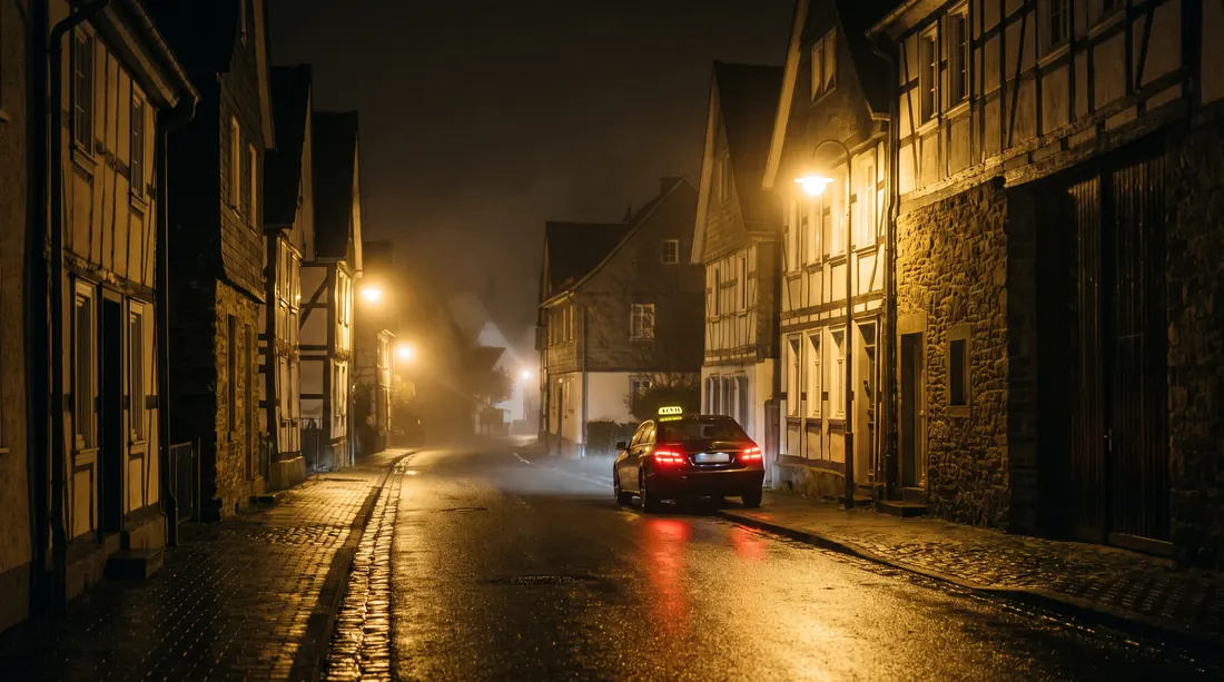 Regennasse Altstadtgasse in Lüdenscheid bei Nacht