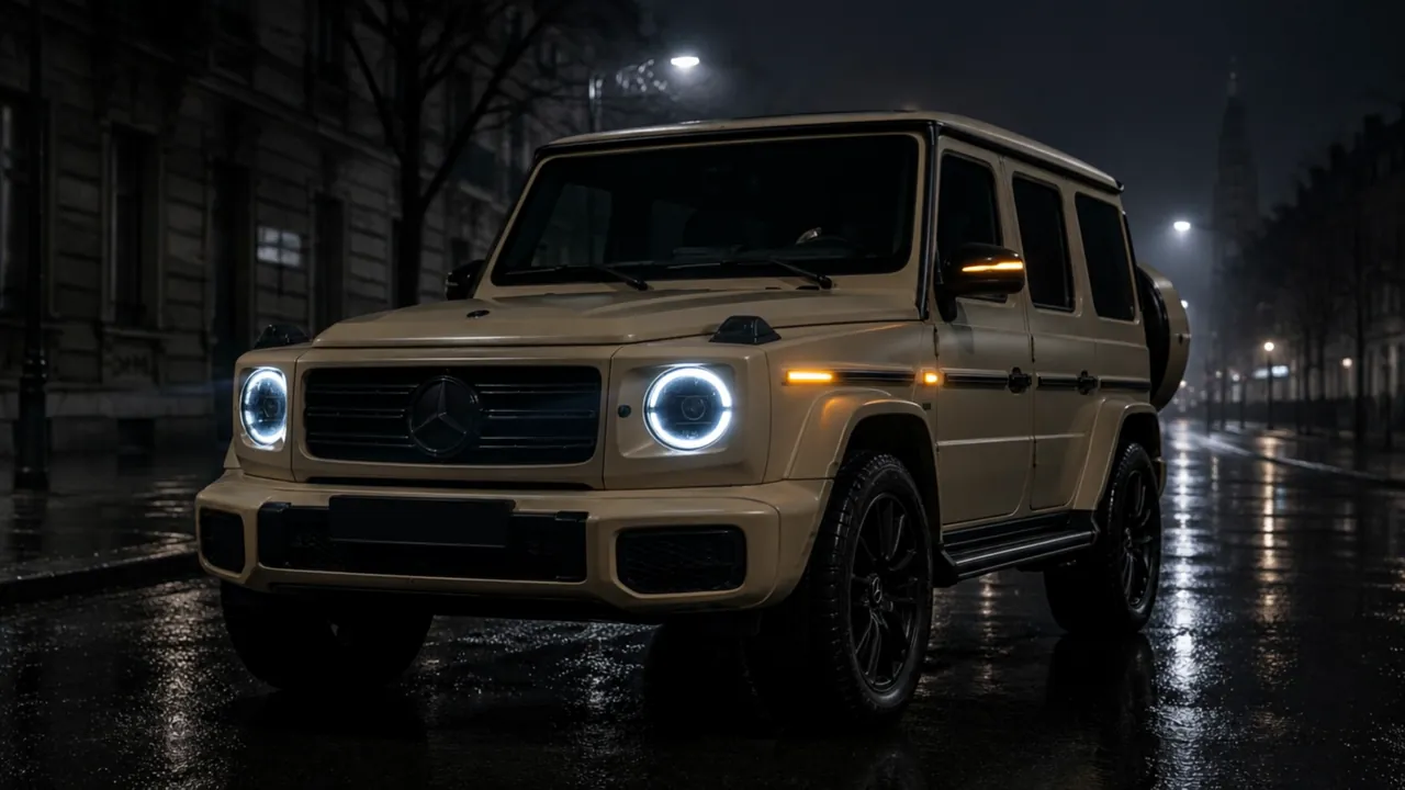 Unsere sandfarbene Mercedes G-Klasse bei Nacht auf nasser Straße, die Scheinwerfer gehen an