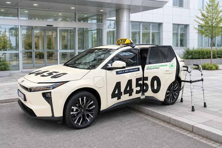 Eines unserer Taxen am Klinikeingang bei Tageslicht, die hintere Tür steht offen