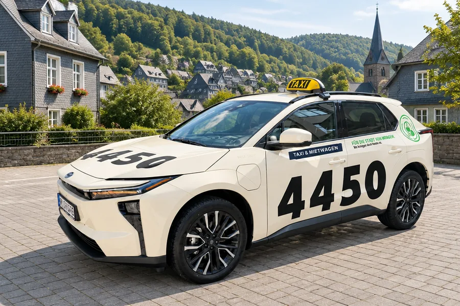Unser helles Elektrotaxi mit Dachschild und der Rufnummer an der Tür bei Tageslicht