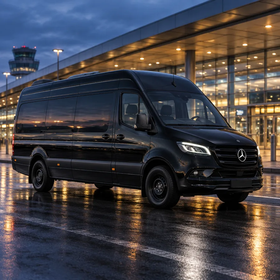 Schwarzer Mercedes Sprinter von Taxi Lüdenscheid 4450 vor einem Flughafenterminal in der Dämmerung