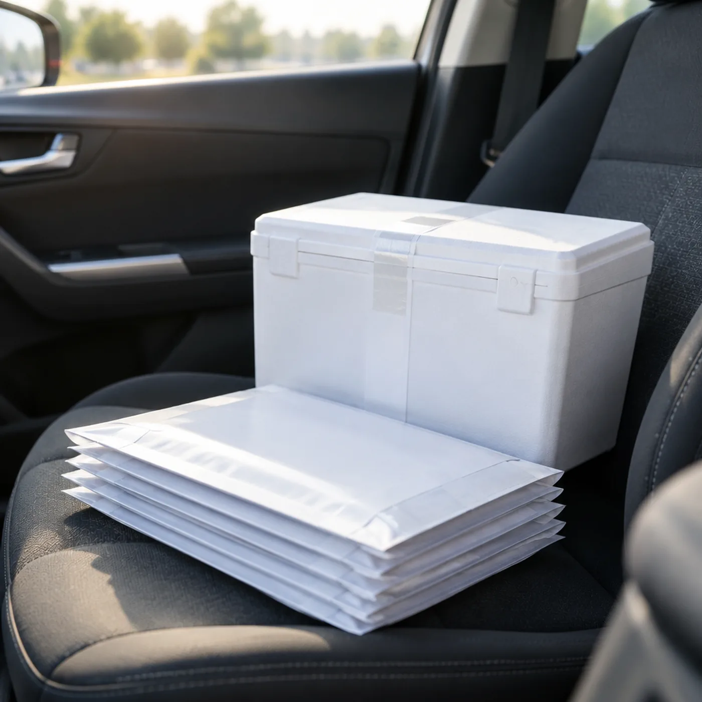 Kühlbox und Dokumentenumschläge auf dem Beifahrersitz