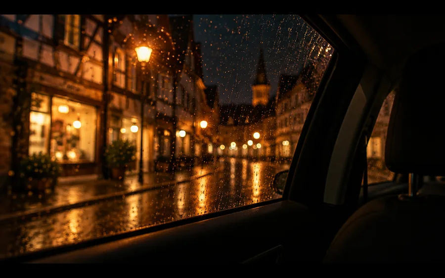 Blick aus dem Taxifenster auf eine regennasse Altstadtstraße im Abendlicht