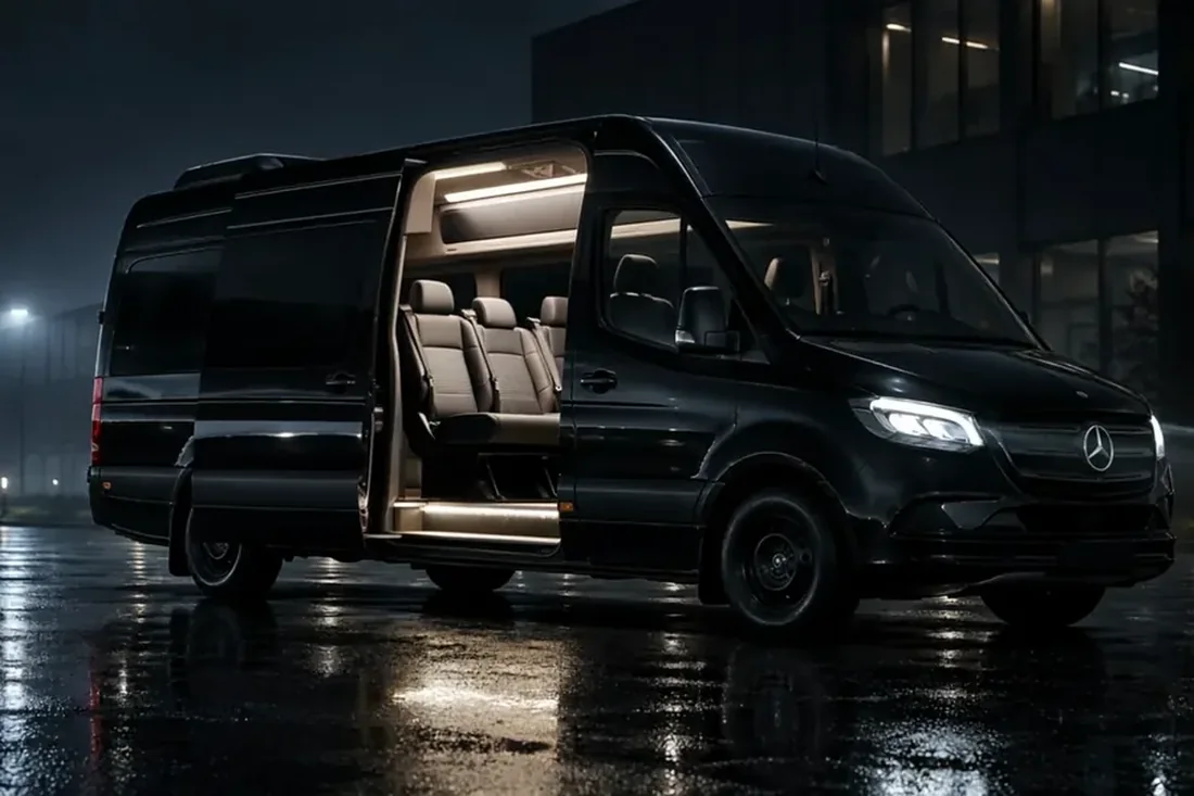 Unser schwarzer Mercedes Sprinter bei Nacht, die Schiebetür ist offen und der Innenraum beleuchtet