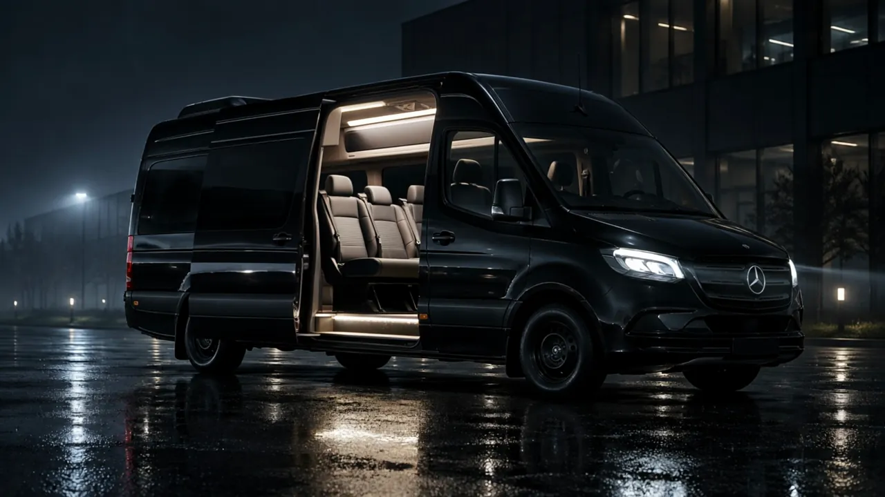 Unser schwarzer Mercedes Sprinter bei Nacht, die Schiebetür offen, innen brennt Licht