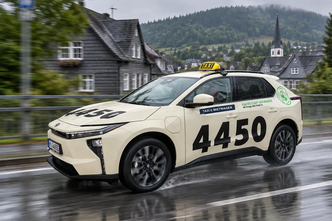 Unser Taxi mit der Nummer 4450 auf einer Straße, im Hintergrund Schieferhäuser und Wald