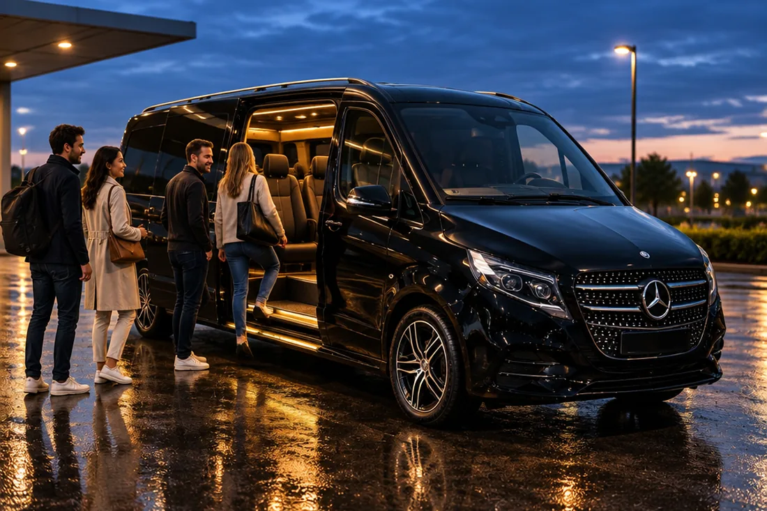 Unsere schwarze Mercedes V-Klasse in der Dämmerung, die Schiebetür ist offen, Fahrgäste stehen davor